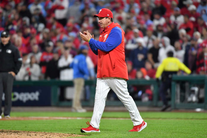 Phillies manager Rob Thomson walks to the mound vs. the Padres.